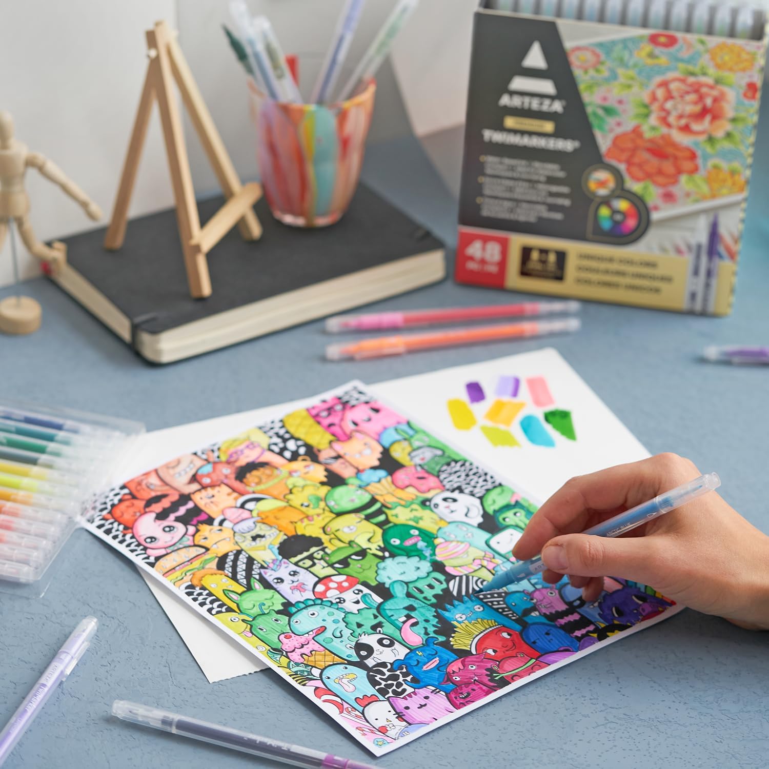 Arteza Dual Tip Brush Markers Set o 48 , Art Markers with Fine and Brush Tips, Dual Tip Pens